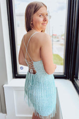 Short Mermaid V-neck Sequins Lace-Up Bodycon Homecoming Dress with Tassels