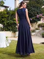 A Line Floral Lace Sleeveless Long Chiffon Wedding Guest Dresses