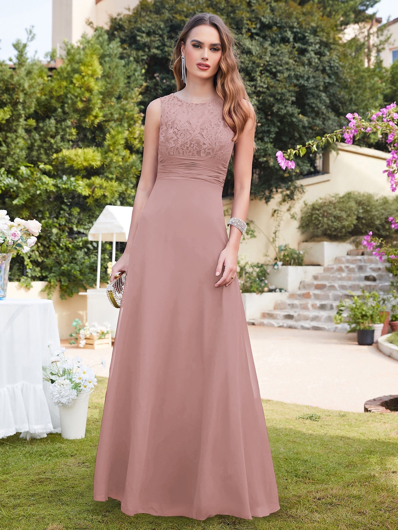 Long A line Sleeveless Scoop Neck Ruffle Chiffon Wedding Guest Dresses
