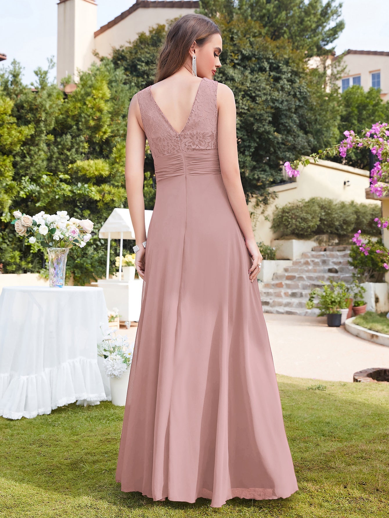 Long A line Sleeveless Scoop Neck Ruffle Chiffon Wedding Guest Dresses