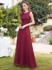Long A line Sleeveless Scoop Neck Ruffle Chiffon Wedding Guest Dresses