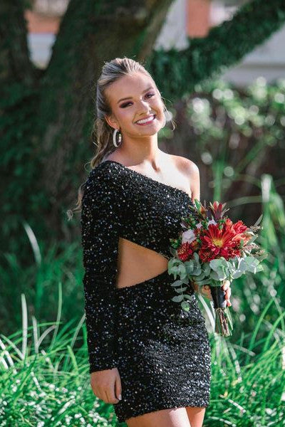 Long Sleeves One Shoulder Mermaid Sequin Homecoming Dress