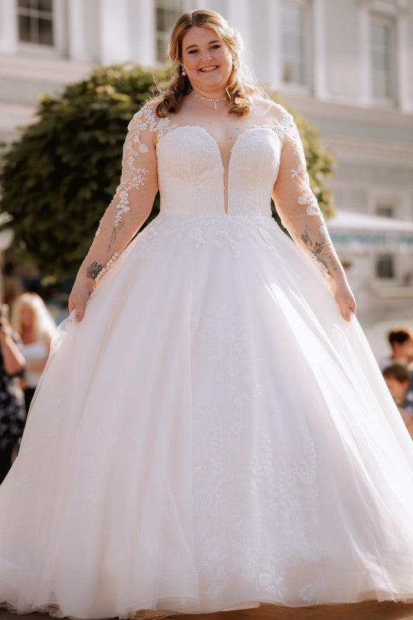Simple Plus Size Long Sleeves V-neck Ball Gown Wedding Dresses