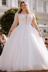 Simple Plus Size Long Sleeves V-neck Ball Gown Wedding Dresses