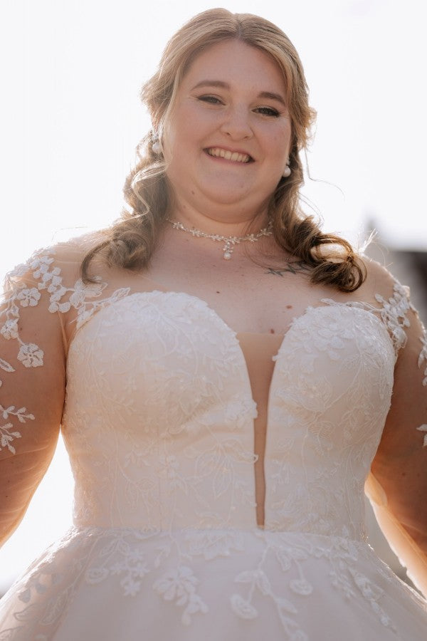 Simple Plus Size Long Sleeves V-neck Ball Gown Wedding Dresses
