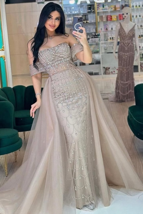 Mermaid Off the Shoulder Long Formal Evening Dresses with Detachable Train