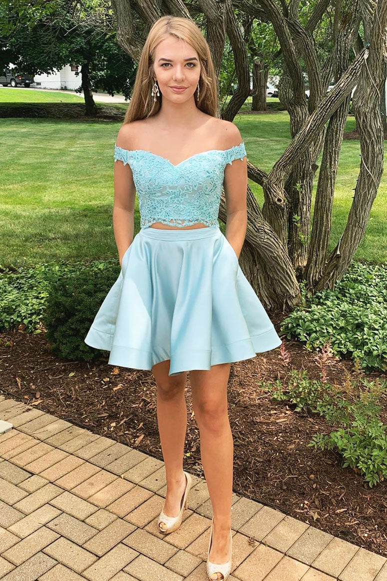 Off the Shoulder A-line Two Piece Satin Homecoming Dress with Pockets