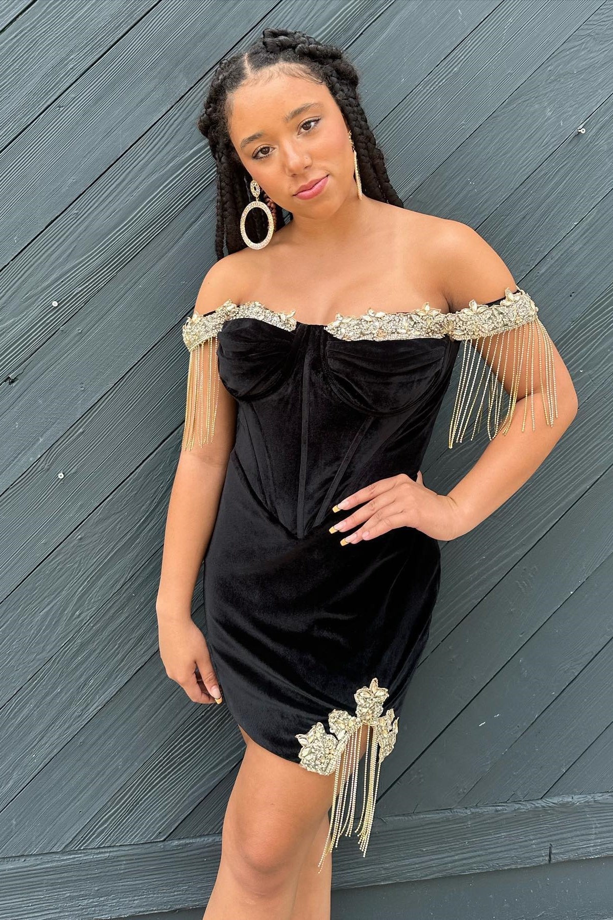 Off the Shoulder Black Beaded Velvet Short Mermaid Homecoming Dress