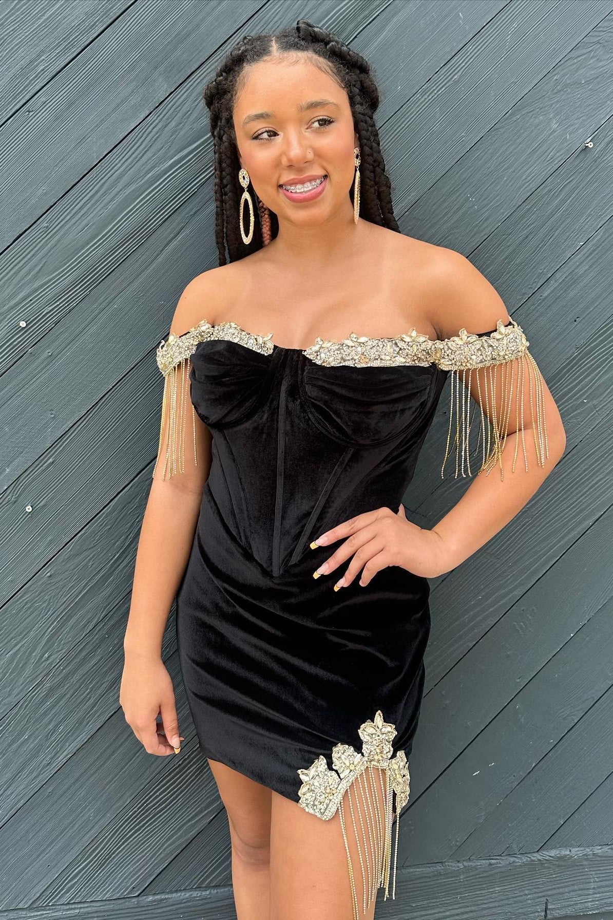Off the Shoulder Black Beaded Velvet Short Mermaid Homecoming Dress