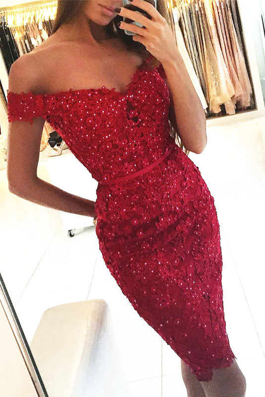Off the Shoulder Short Lace Red Mermaid Homecoming Dress