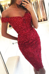 Off the Shoulder Short Lace Red Mermaid Homecoming Dress