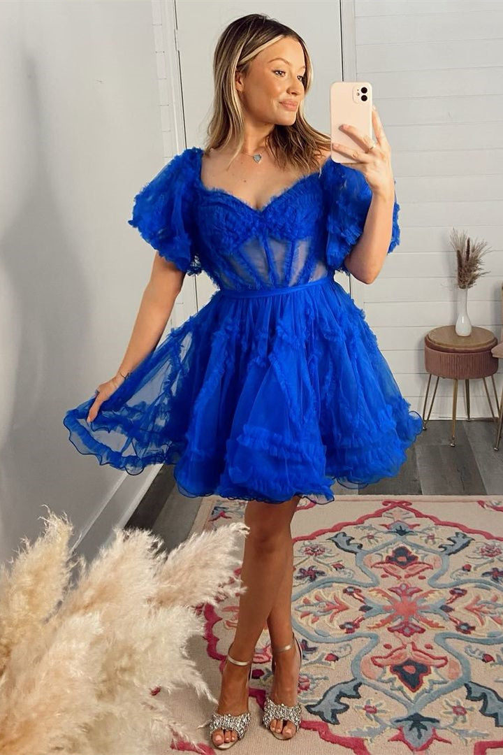 Off the Shoulder Short A-line Ruffles Tulle Homecoming Dress with Sleeves