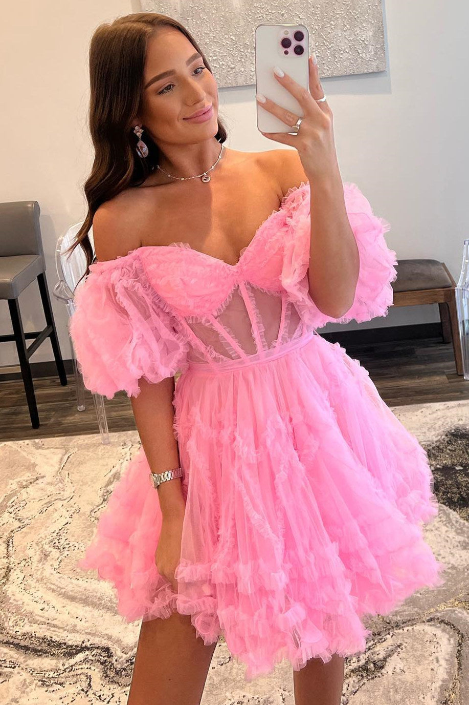 Off the Shoulder Short A-line Ruffles Tulle Homecoming Dress with Sleeves