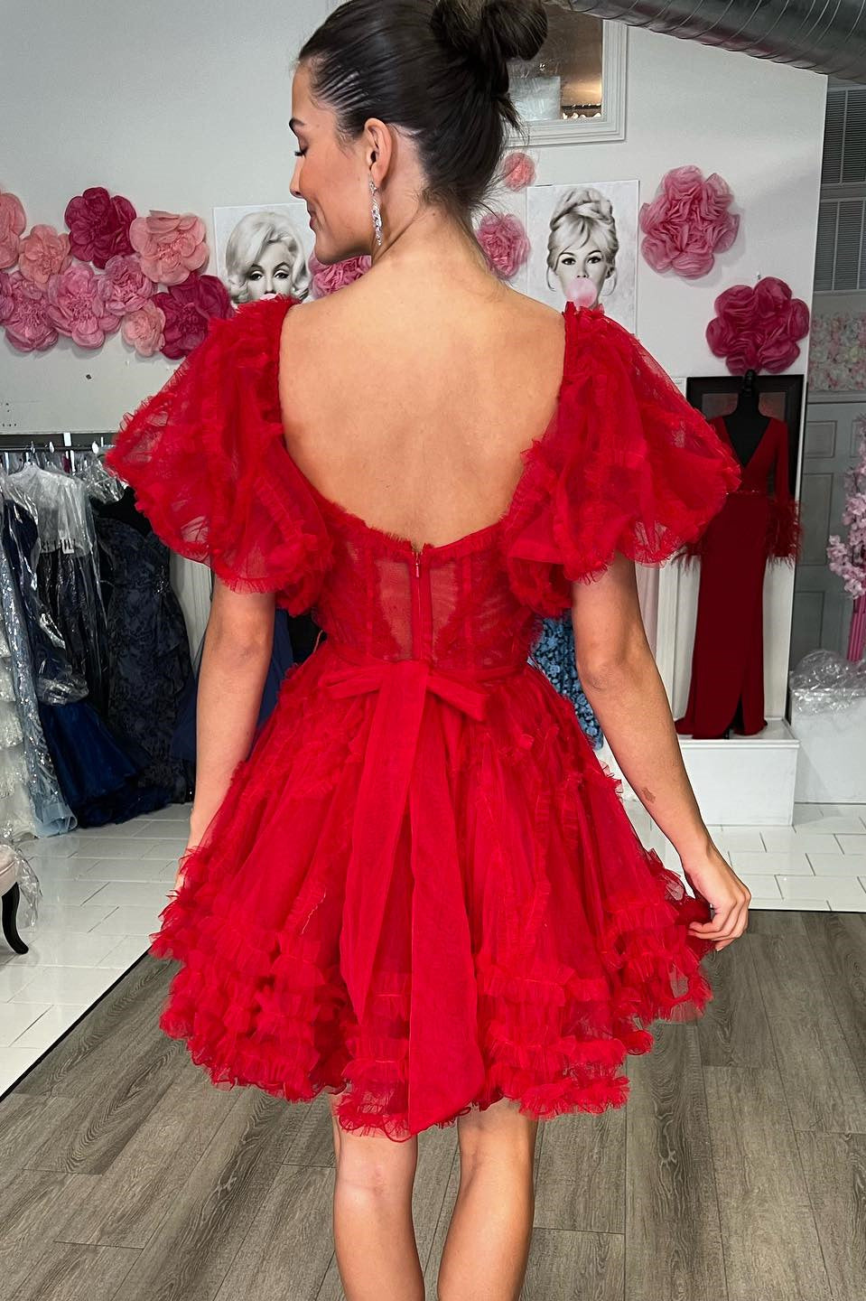 Off the Shoulder Short A-line Ruffles Tulle Homecoming Dress with Sleeves