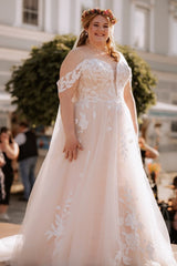 Off the Shoulder Plus Size Lace A-line Wedding Dresses