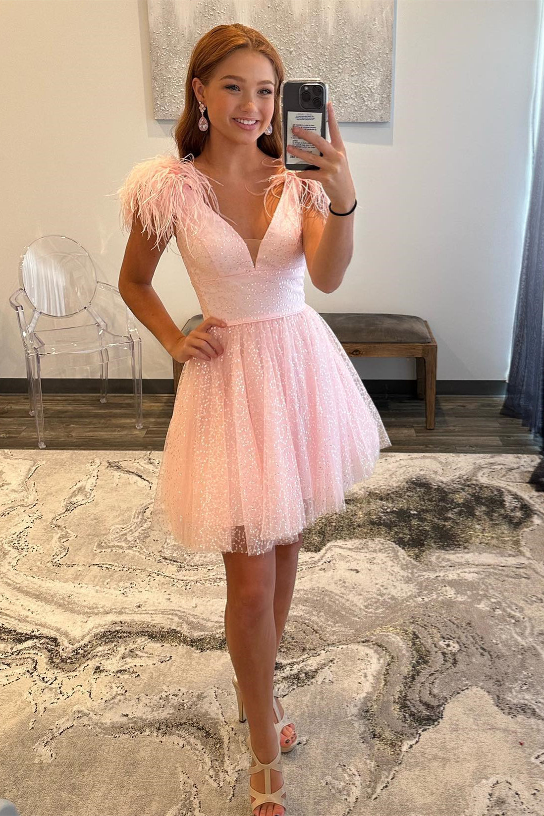 A-line Tulle Deep V Neck Beaded Homecoming Dress with Feathers