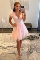 A-line Tulle Deep V Neck Beaded Homecoming Dress with Feathers