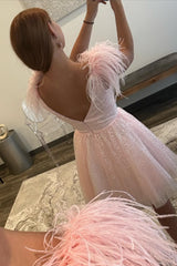 A-line Tulle Deep V Neck Beaded Homecoming Dress with Feathers