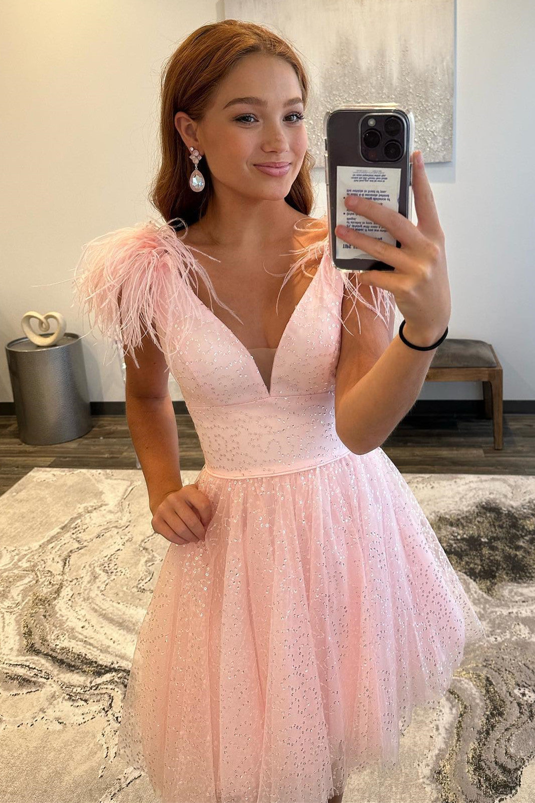 A-line Tulle Deep V Neck Beaded Homecoming Dress with Feathers