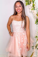 A-line Strapless Spaghetti Straps Appliques Lace Tulle Homecoming Dress