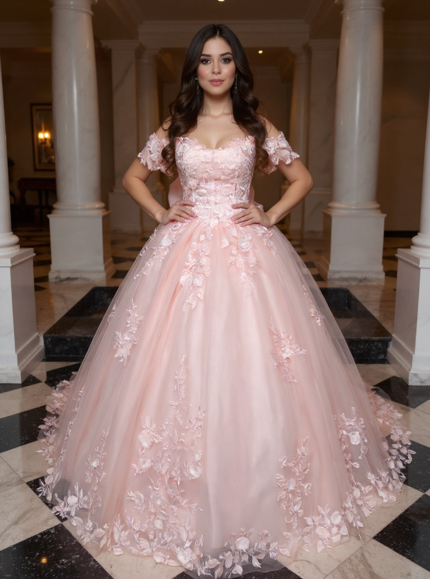 Long Off the Shoulder Tulle Applique Lace Ball Gown Prom Dresses with Bow
