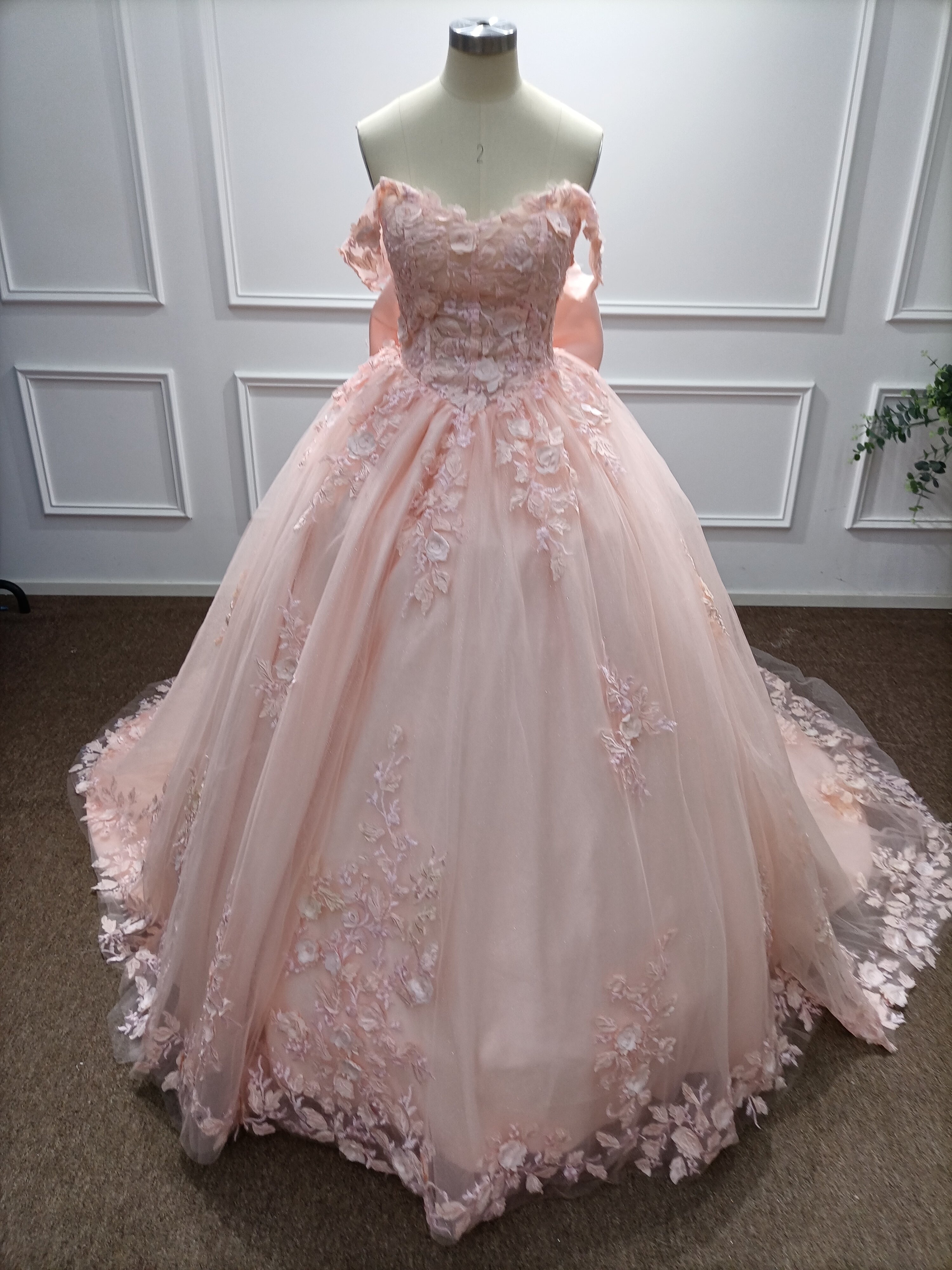 Long Off the Shoulder Tulle Applique Lace Ball Gown Prom Dresses with Bow
