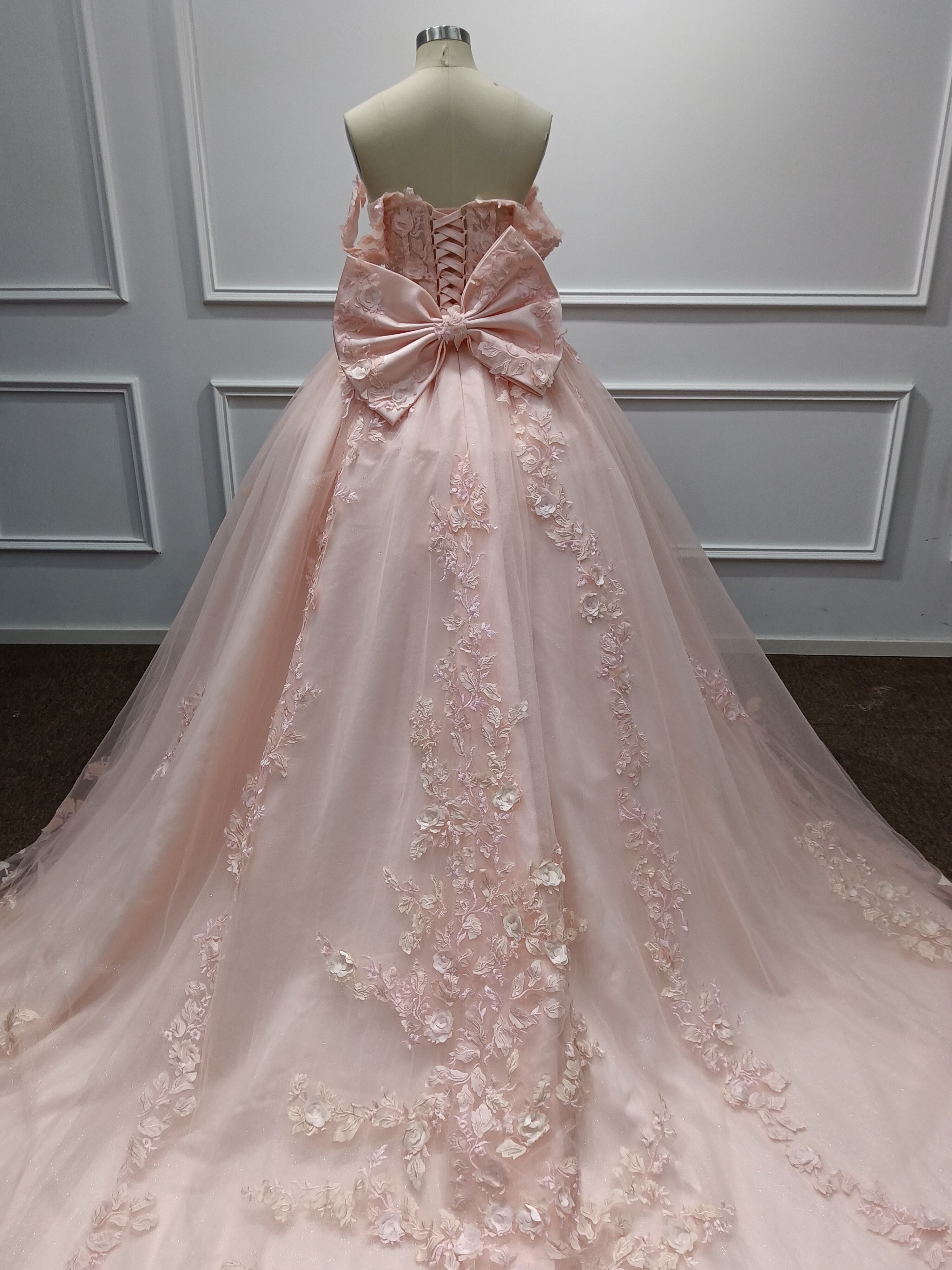 Long Off the Shoulder Tulle Applique Lace Ball Gown Prom Dresses with Bow
