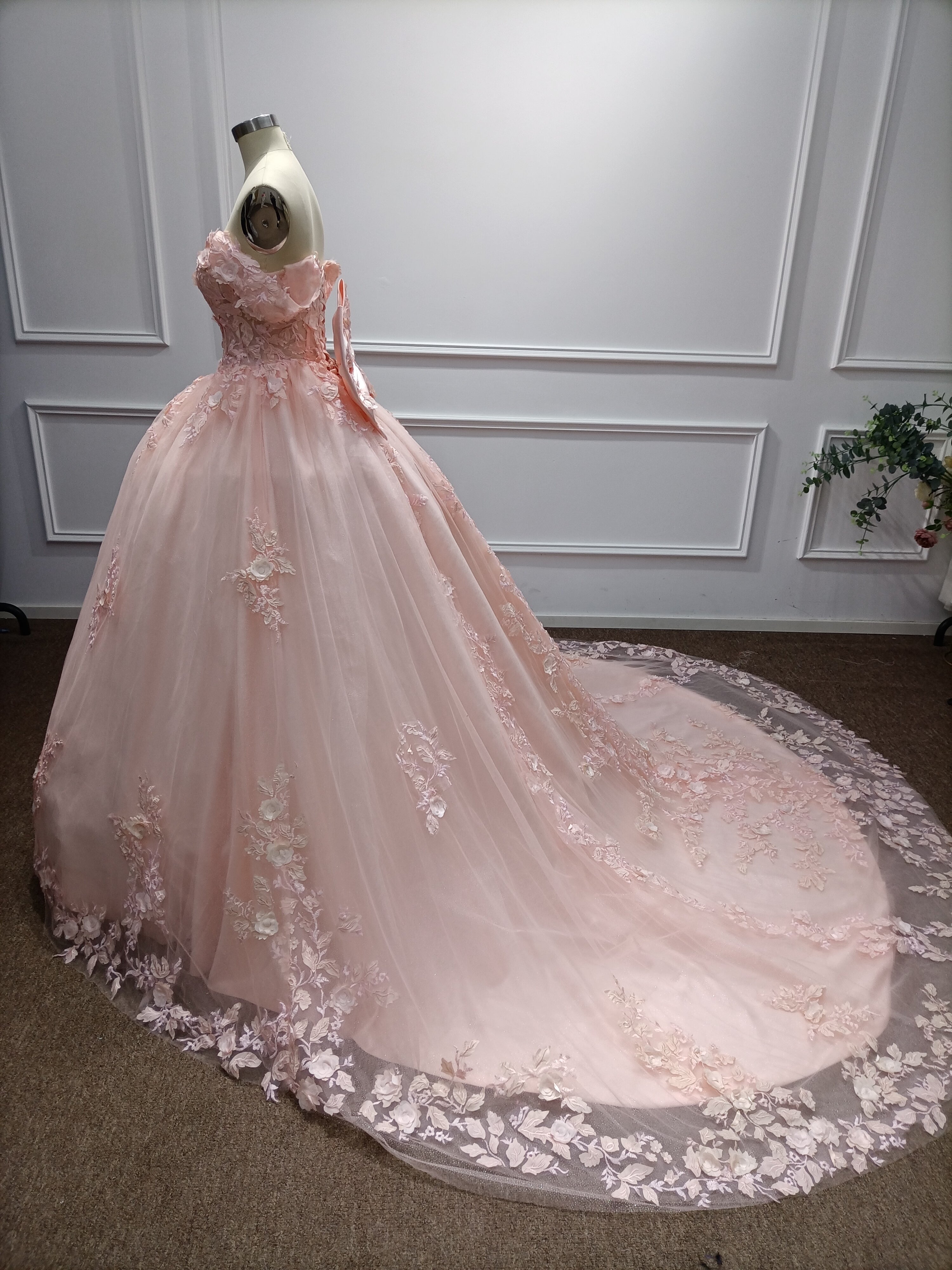 Long Off the Shoulder Tulle Applique Lace Ball Gown Prom Dresses with Bow