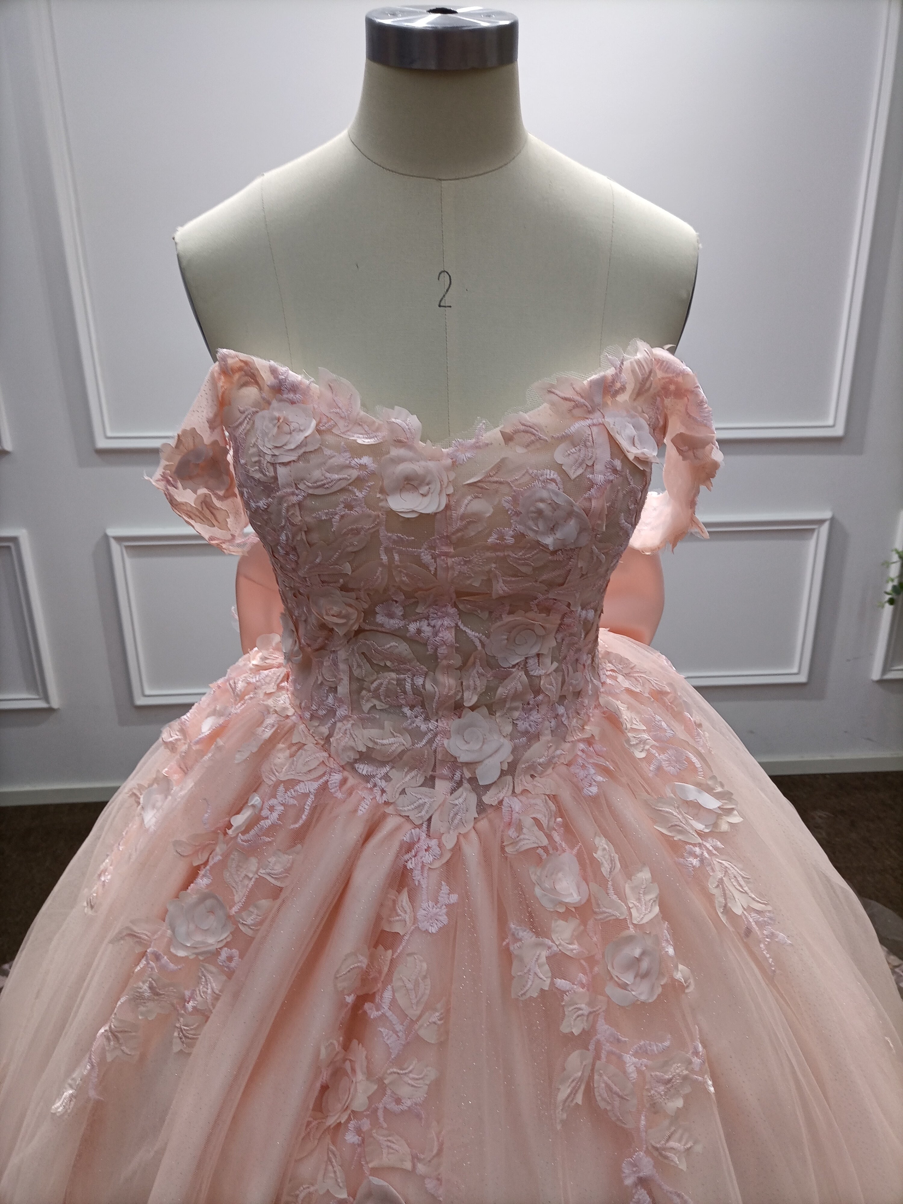Long Off the Shoulder Tulle Applique Lace Ball Gown Prom Dresses with Bow