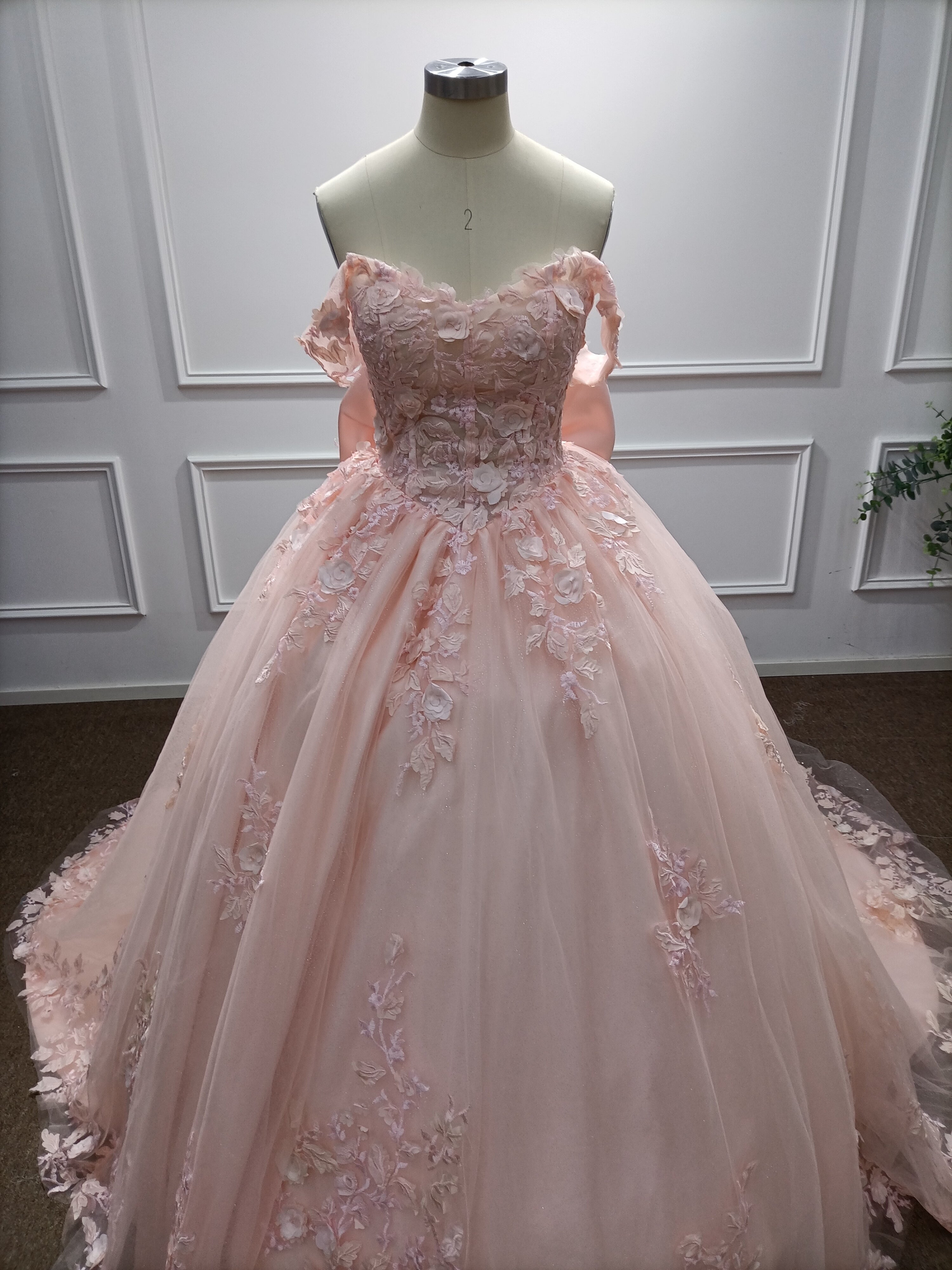 Long Off the Shoulder Tulle Applique Lace Ball Gown Prom Dresses with Bow