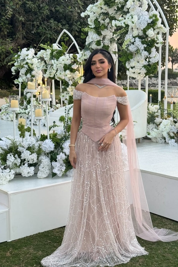 Long A-line Sequined Beaded Off the Shoulder Evening Formal Dresses