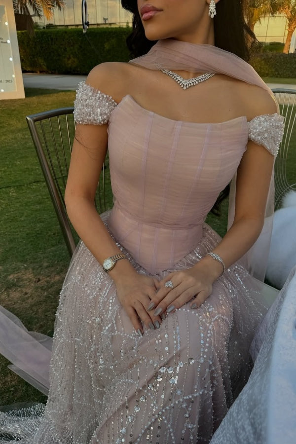 Long A-line Sequined Beaded Off the Shoulder Evening Formal Dresses