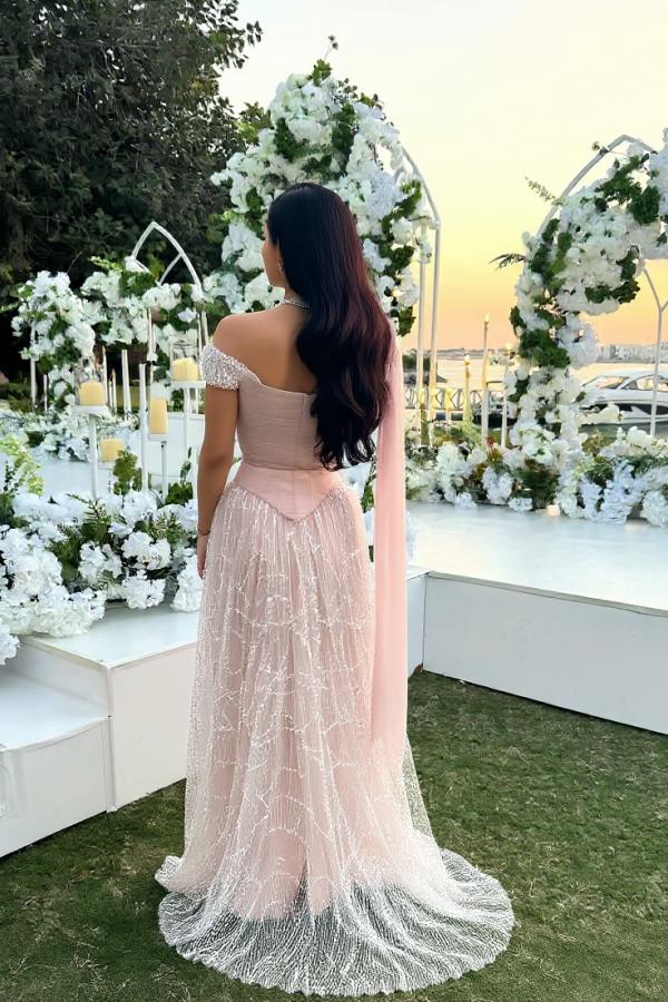 Long A-line Sequined Beaded Off the Shoulder Evening Formal Dresses