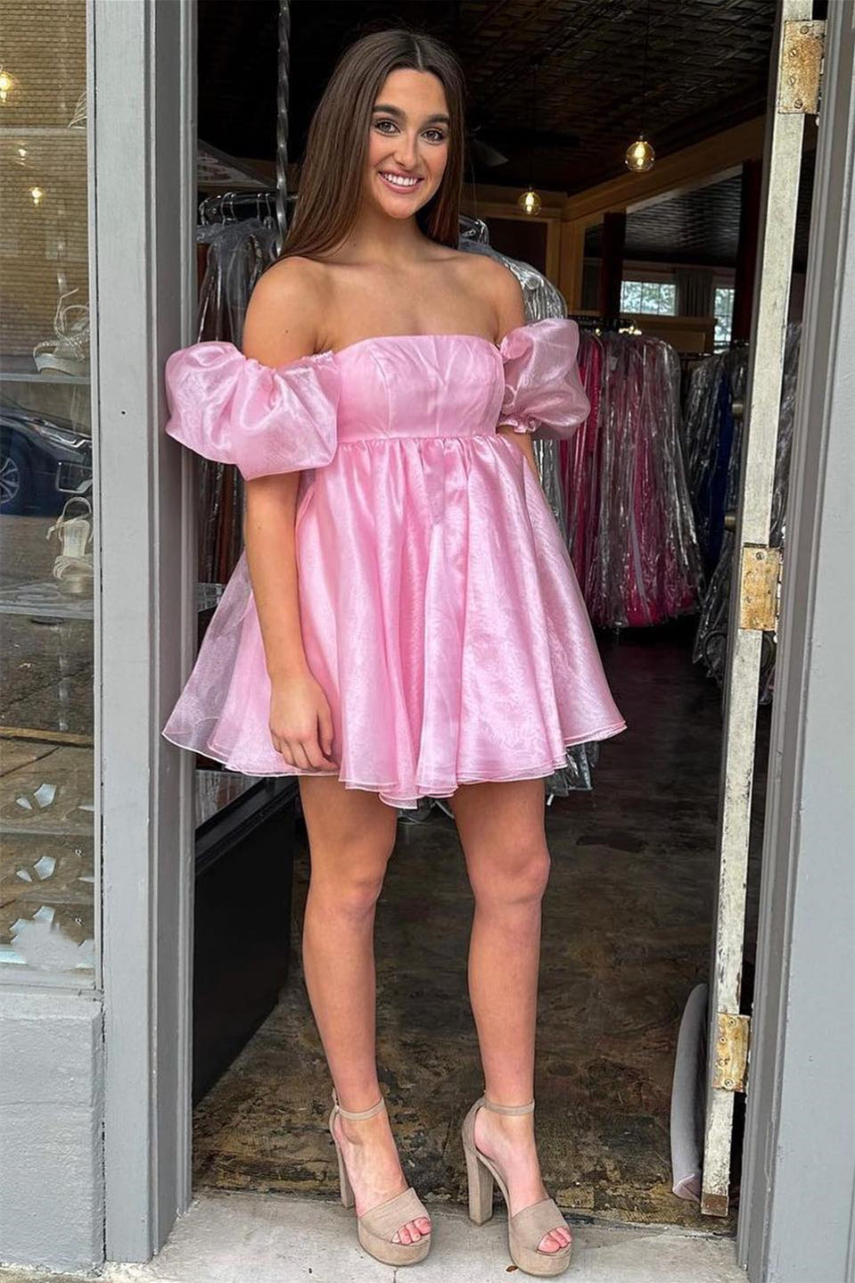 Short Square Neck Balloon Sleeves A-Line Homecoming Dress