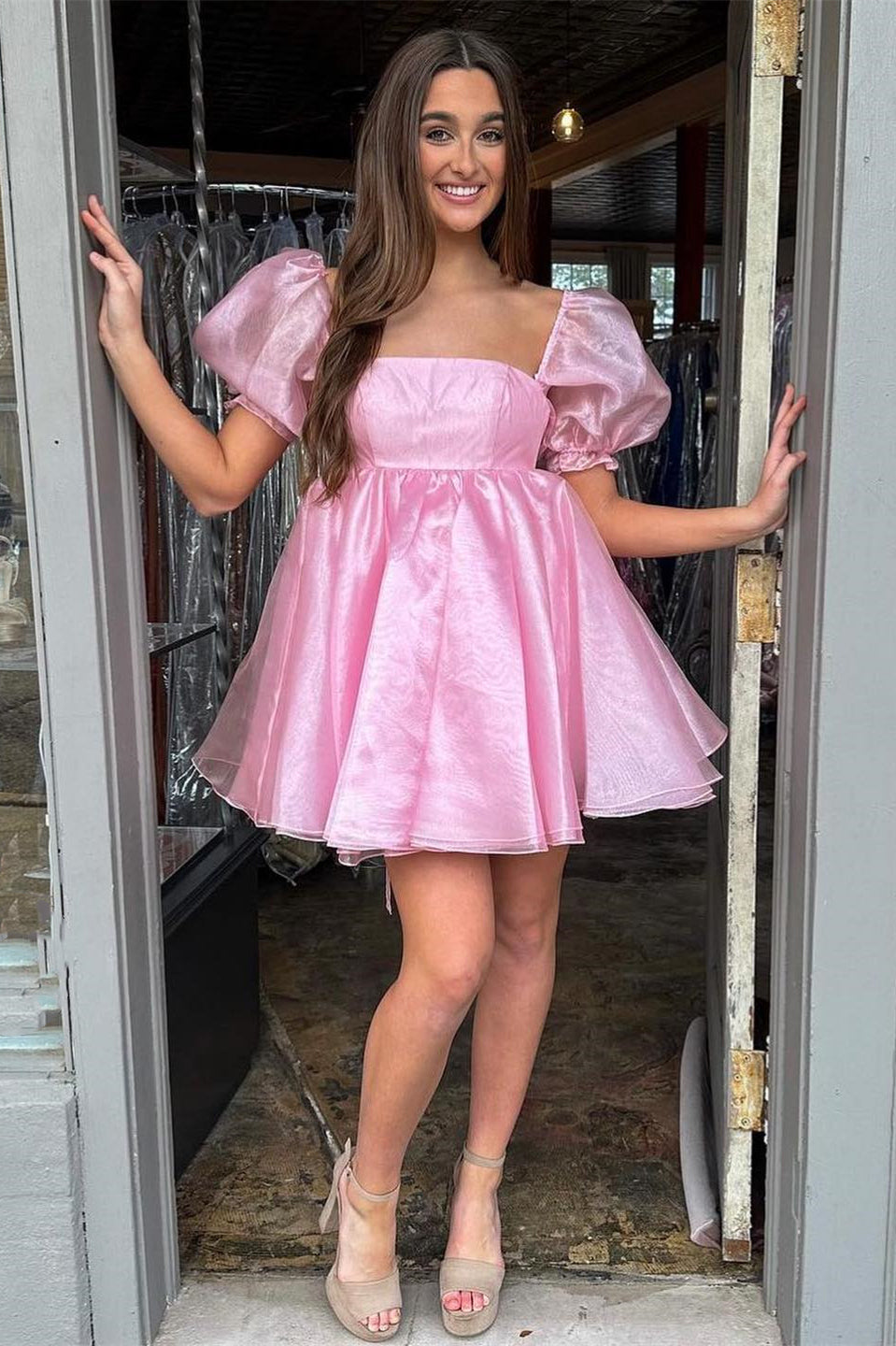 Short Square Neck Balloon Sleeves A-Line Homecoming Dress
