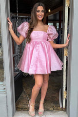 Short Square Neck Balloon Sleeves A-Line Homecoming Dress