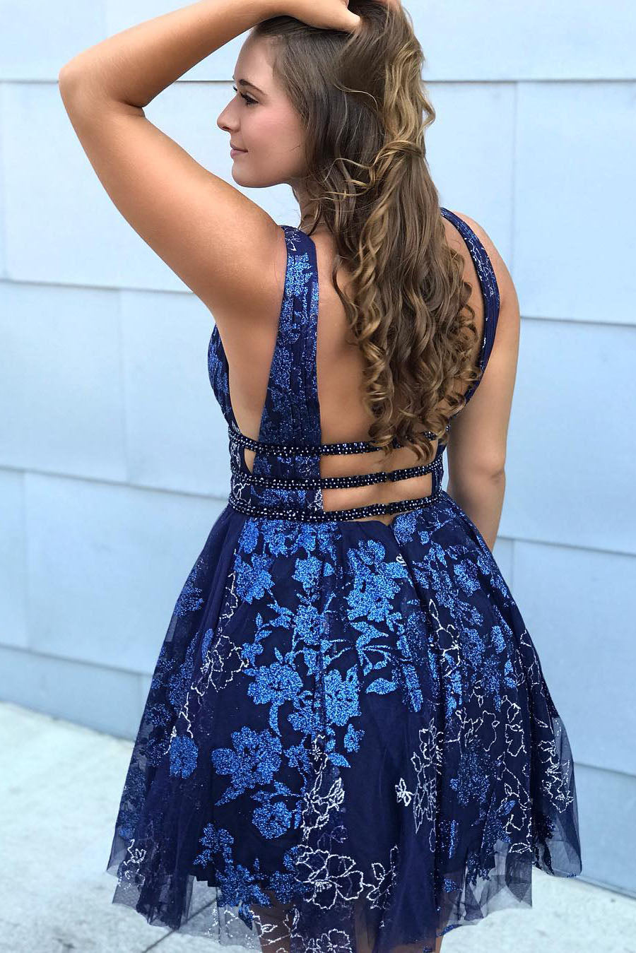 Dark Navy Short A-line V-Neck Tulle Lace Open Back Homecoming Dress