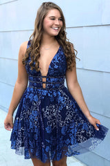 Dark Navy Short A-line V-Neck Tulle Lace Open Back Homecoming Dress