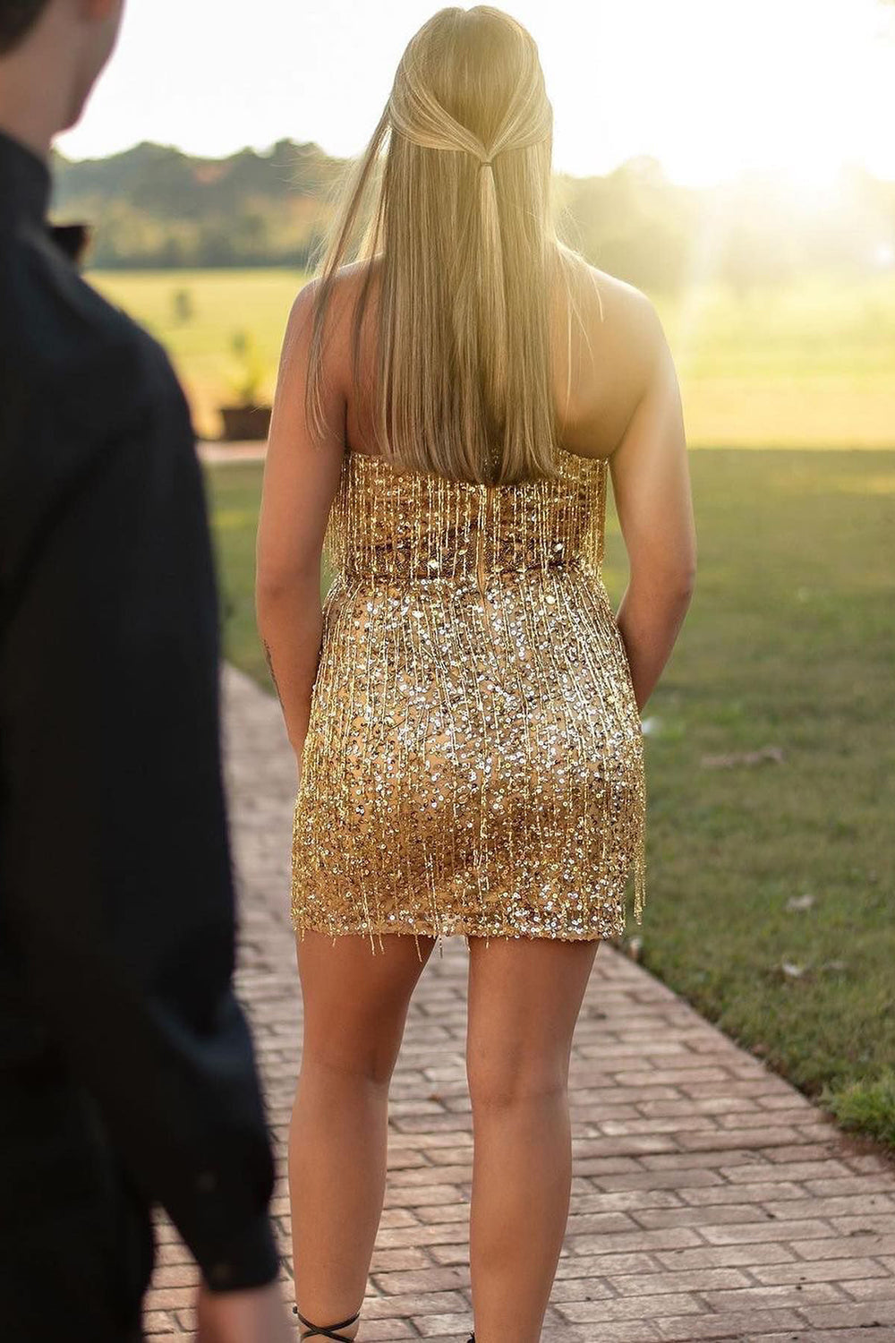 V-Neck Gold Sequins Short Homecoming Dress with Fringes