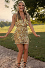 V-Neck Gold Sequins Short Homecoming Dress with Fringes