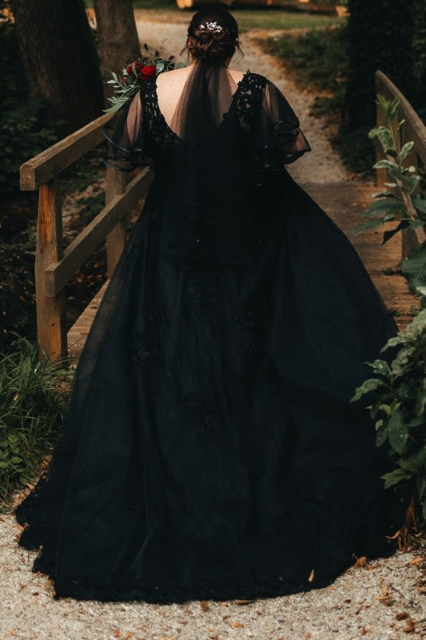 Simple Black V-neck Half Sleeves Plus Size A-line Wedding Dresses