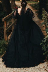 Simple Black V-neck Half Sleeves Plus Size A-line Wedding Dresses