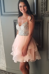 A-line Short V-neck Tulle Beaded Homecoming Dress