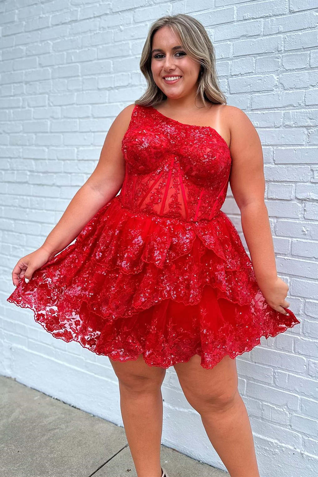 A-Line One Shoulder Dark Navy Sequins Short Homecoming Dress