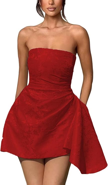 A-line Strapless Jacquard Satin Asymmetrical Lace up Sleeveless Short Homecoming Dress