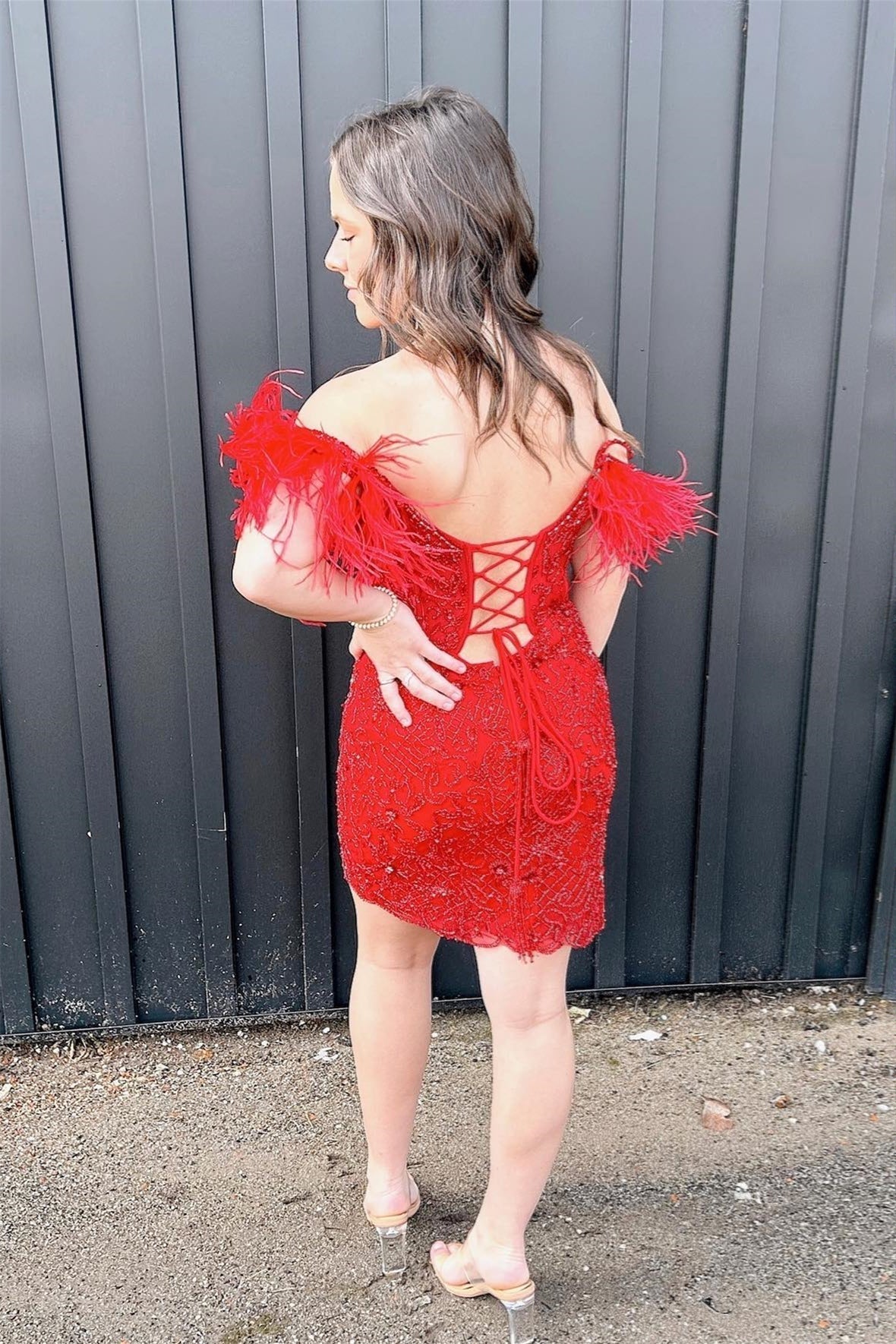Red Mermaid Off the Shoulder Feathers Appliques Homecoming Dress