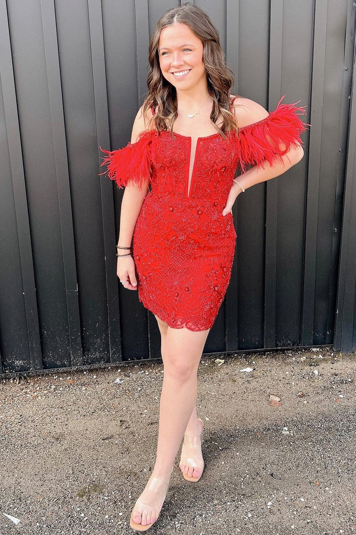 Red Mermaid Off the Shoulder Feathers Appliques Homecoming Dress