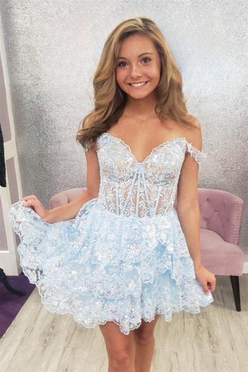 Burgundy Off the Shoulder Tulle A-line Ruffles Homecoming Dress