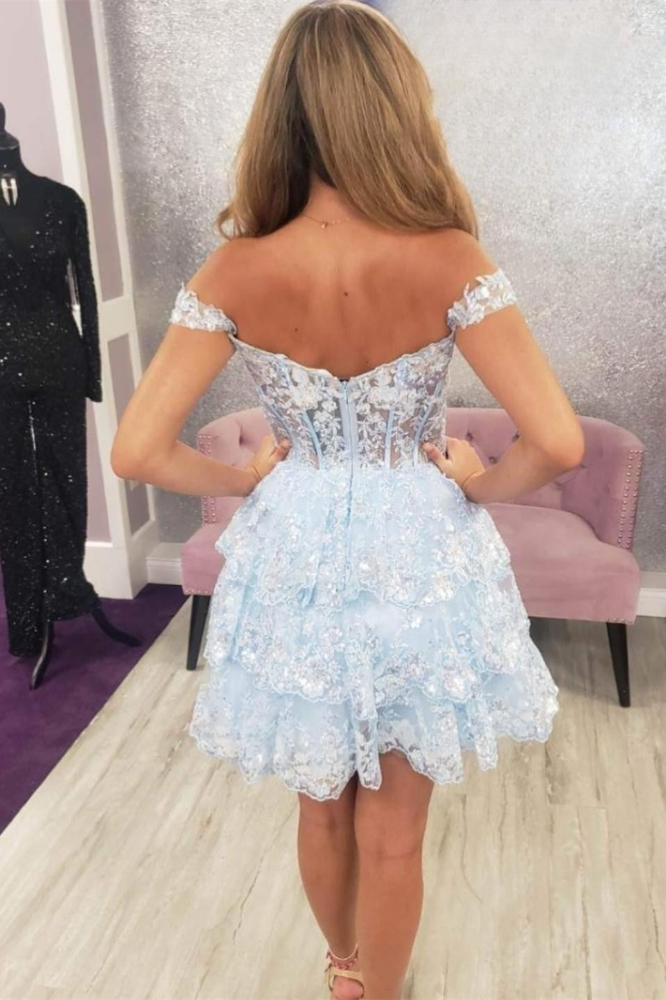 Burgundy Off the Shoulder Tulle A-line Ruffles Homecoming Dress