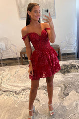Burgundy Off the Shoulder Tulle A-line Ruffles Homecoming Dress